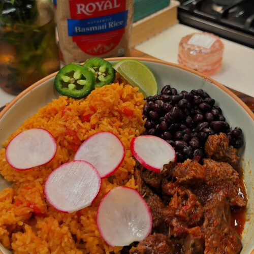 The BEST Spanish Rice &  Beef Chile Colorado Bowls