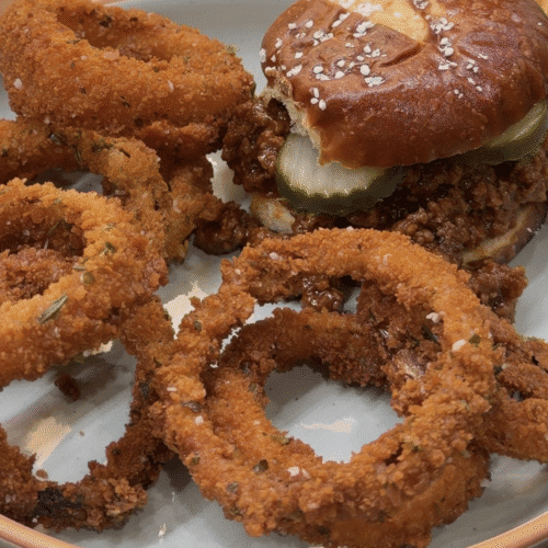 Homemade Sloppy Joes with Crispy Onion Rings