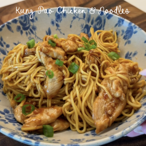 These homemade Kung Pao chicken noodles pack plenty of sauce and flavor into an easy weeknight dinner. This recipe combines tender chicken, noodles and a spicy-sweet Kung Pao sauce. Crushed peanuts and green onion add the perfect finishing crunch. This is exactly what I want when I’m craving restaurant-style noodles at home. The sauce tastes savory, tangy and slightly sweet. You can also make it as spicy—or not spicy—as you’d like. What You’ll Need CHICKEN. Cut chicken breast into small pieces. Soy sauce, cornstarch, garlic powder and black pepper give the chicken plenty of flavor. SAUCE. Soy sauce creates the base of the Kung Pao sauce. Peanut butter, brown sugar, chili paste, sesame oil and rice vinegar balance the flavors. NOODLES. Cook the noodles according to the package directions. You’ll finish them in the sauce so every noodle gets plenty of flavor. GARNISH. Crushed peanuts add crunch, while diced green onion gives the noodles a fresh finish. How to Make Kung Pao Chicken Noodles Start by cutting the chicken into small, one-inch pieces. Mix it with the marinade and let it sit for one to two hours. Short on time? Even 30 minutes will give the chicken a chance to pick up plenty of flavor. While the chicken marinates, whisk together the Kung Pao sauce. Leave out the cornstarch and water for now. You’ll use those later to make a quick slurry. Next, cook the noodles according to the package directions. Drain them and set them aside. Sauté the green onion and garlic until fragrant. Add the chicken and cook each piece until it browns on the outside. Check that the chicken reaches an internal temperature of 165°F. Warm the sauce over low heat. Whisk in the cornstarch slurry and let the sauce thicken slightly. Add the noodles and toss until the sauce coats every noodle. Finally, mix in the cooked chicken. Let everything cook together for another minute or two. Finish with crushed peanuts and diced green onion. And yes, the toppings matter. That extra crunch makes the whole bowl better. How Spicy Are These Kung Pao Chicken Noodles? You can easily adjust the heat level. Use one tablespoon of sambal oelek for a milder sauce. You can also leave out the red pepper flakes. Want more heat? Use two tablespoons of sambal oelek and keep the red pepper flakes. The sauce has a noticeable kick without losing its balance. Brown sugar, rice vinegar and peanut butter help round out the heat. Why Add Cornstarch to the Chicken? Cornstarch helps the chicken stay tender as it cooks. It also creates a light coating on the outside. That coating helps the sauce cling to the chicken. Cornstarch also thickens the Kung Pao sauce. It creates a glossy texture that coats both the chicken and noodles.